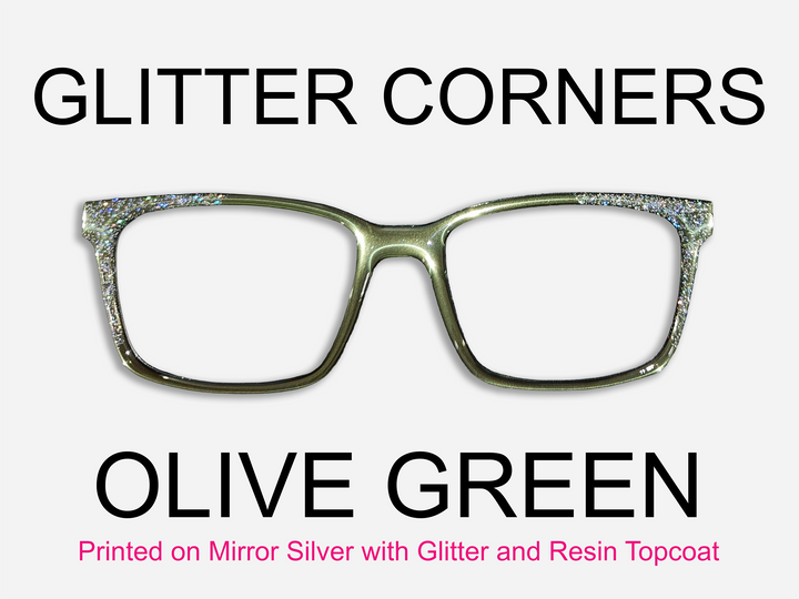 Olive Green with Holographic Glitter Corners & Resin Topcoat Metal Topper